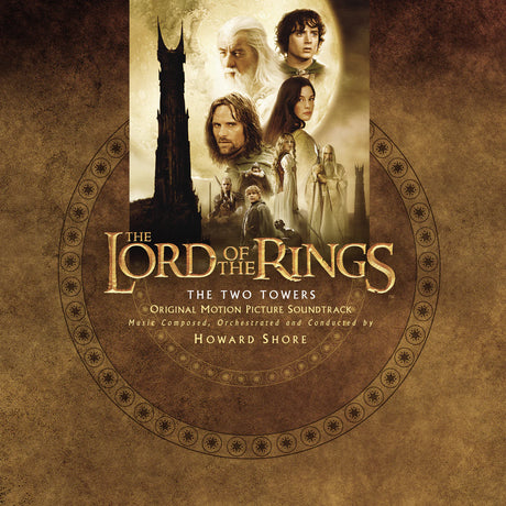 Album cover for 'The Lord of the Rings: The Two Towers' soundtrack with character images and text.