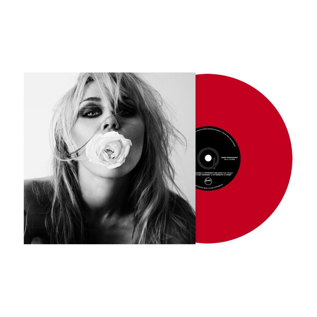 A vinyl record partially pulled from its sleeve, showing a black-and-white portrait of a woman holding a rose against a bright red record on a white background.