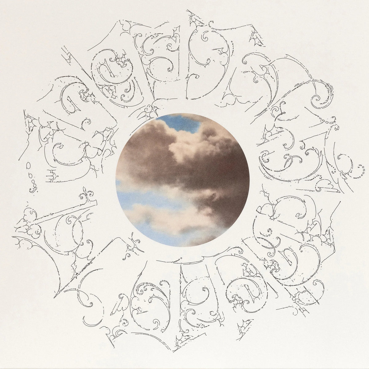 An art print or poster featuring a circular photograph of a cloudy sky surrounded by an ornate circular border of black line art on a warm off-white background.