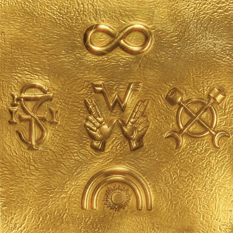 Gold embossed symbols on a textured gold background