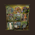 Collage art piece with various elements and a gold arm on a dark background