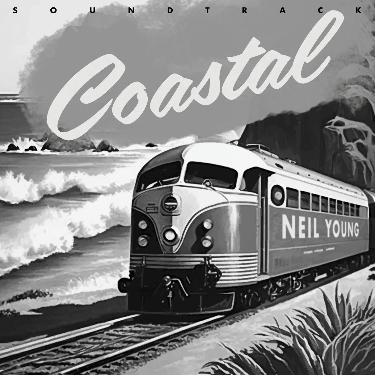 Album cover for 'Coastal' by Neil Young featuring a train near a coastal landscape.