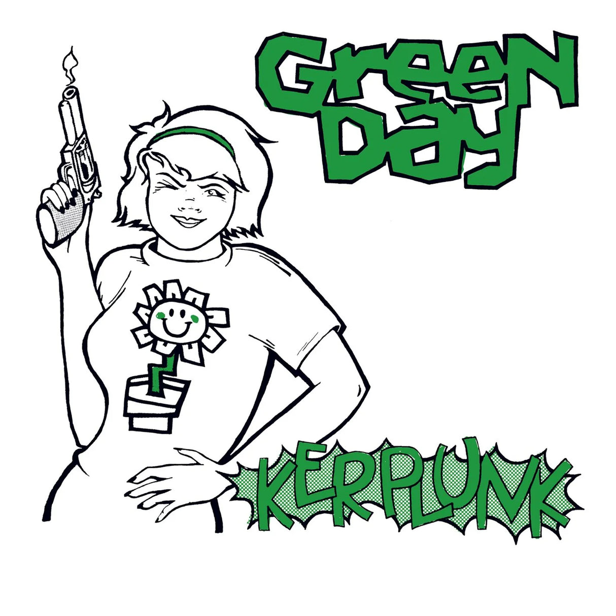 Cartoon character holding a gun with 'Green Day' and 'Kerplunk' text on a white background