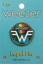 A Weezer lapel pin on its original teal-blue backing card. The backing card features the 'weezer' logo in white at the top, '1 pc' in the upper left, and 'Lapel Pin' in yellow at the bottom, along with 'C&D Visionary, Inc.