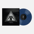 A vinyl record and its sleeve on a light gray background. The sleeve is black with a grayscale triangular portrait of a man wearing sunglasses, and the record itself is a translucent dark blue with a black center label.