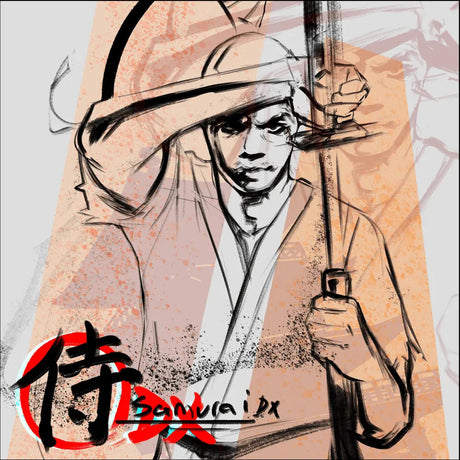 Illustration of a samurai holding a sword with a textured background
