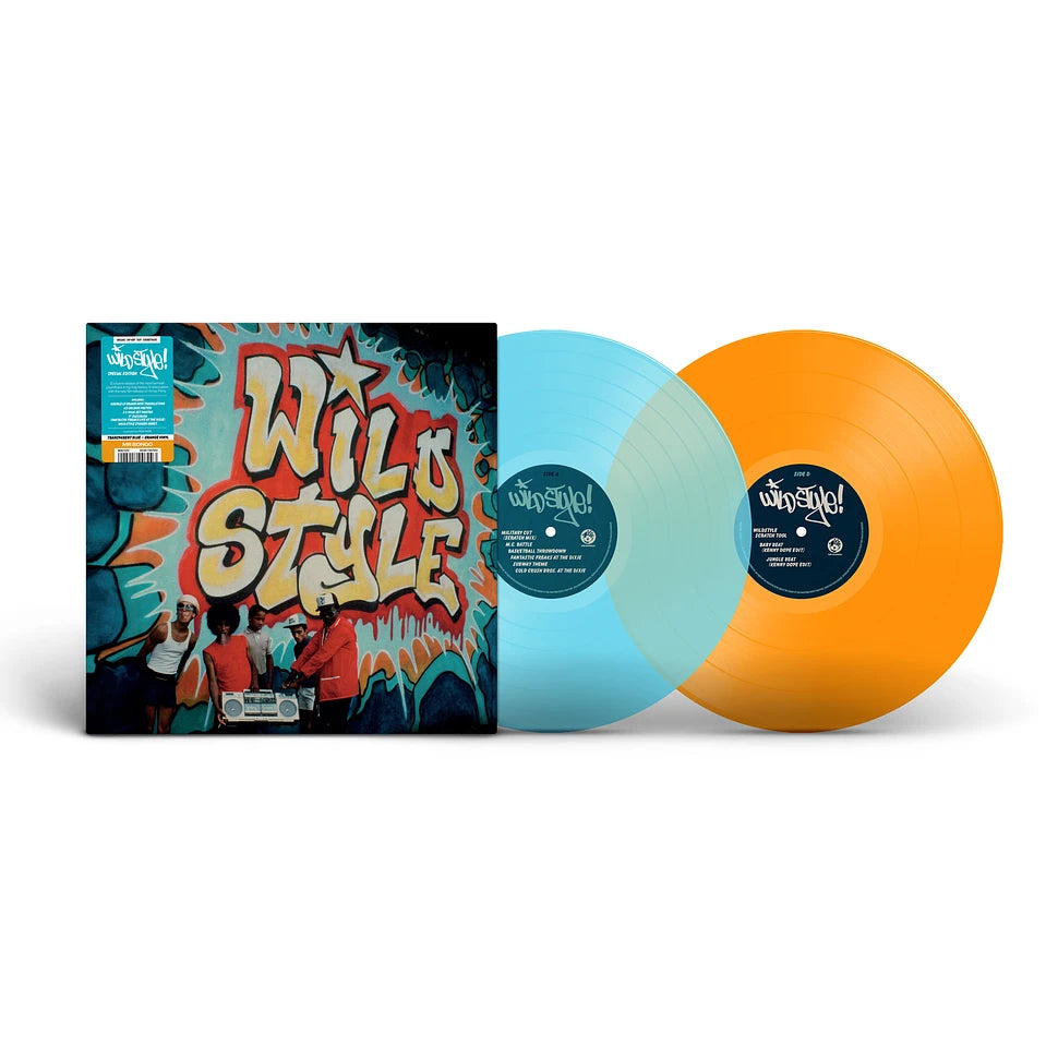 Vinyl records with colorful covers and 'Wild Style' branding on a white background