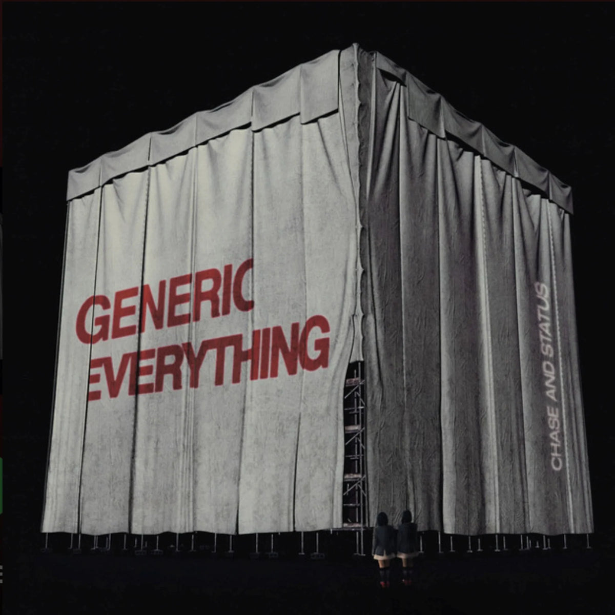 Album cover art for Chase and Status's 'Generic Everything' featuring a large gray draped tent structure with the album title in red text on a black background.