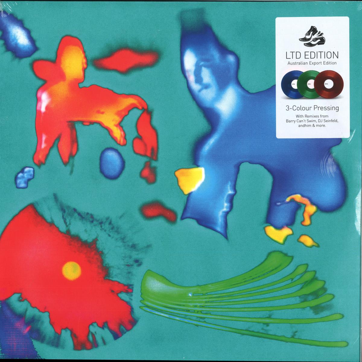 Colorful abstract design with animals on a blue background, featuring a label for a limited edition press run.