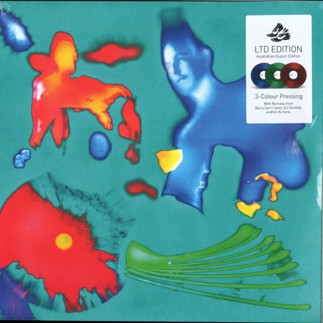 Colorful abstract design with animals on a blue background, featuring a label for a limited edition press run.