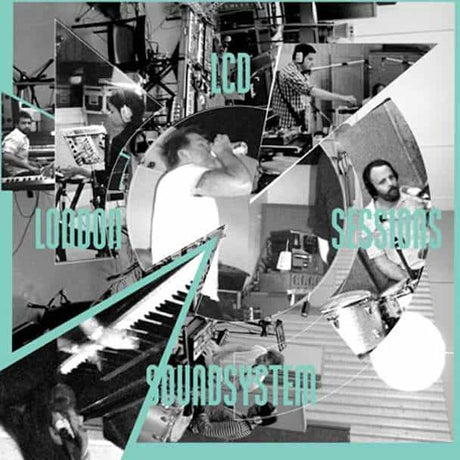Collage of musicians and studio equipment with 'LCD Soundsystem' text overlay.