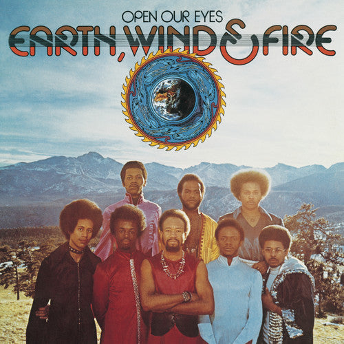 Album cover of 'Open Our Eyes' by Earth, Wind & Fire with band members and mountainous landscape.