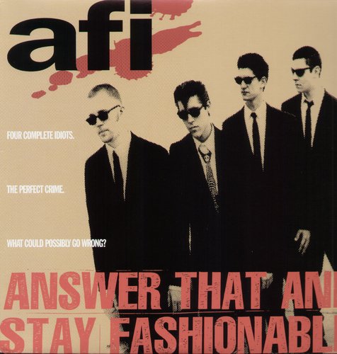 Album cover with band members and text on a beige background