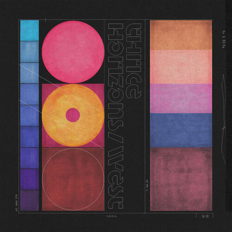 Color swatches and geometric shapes on a black background with text overlay.