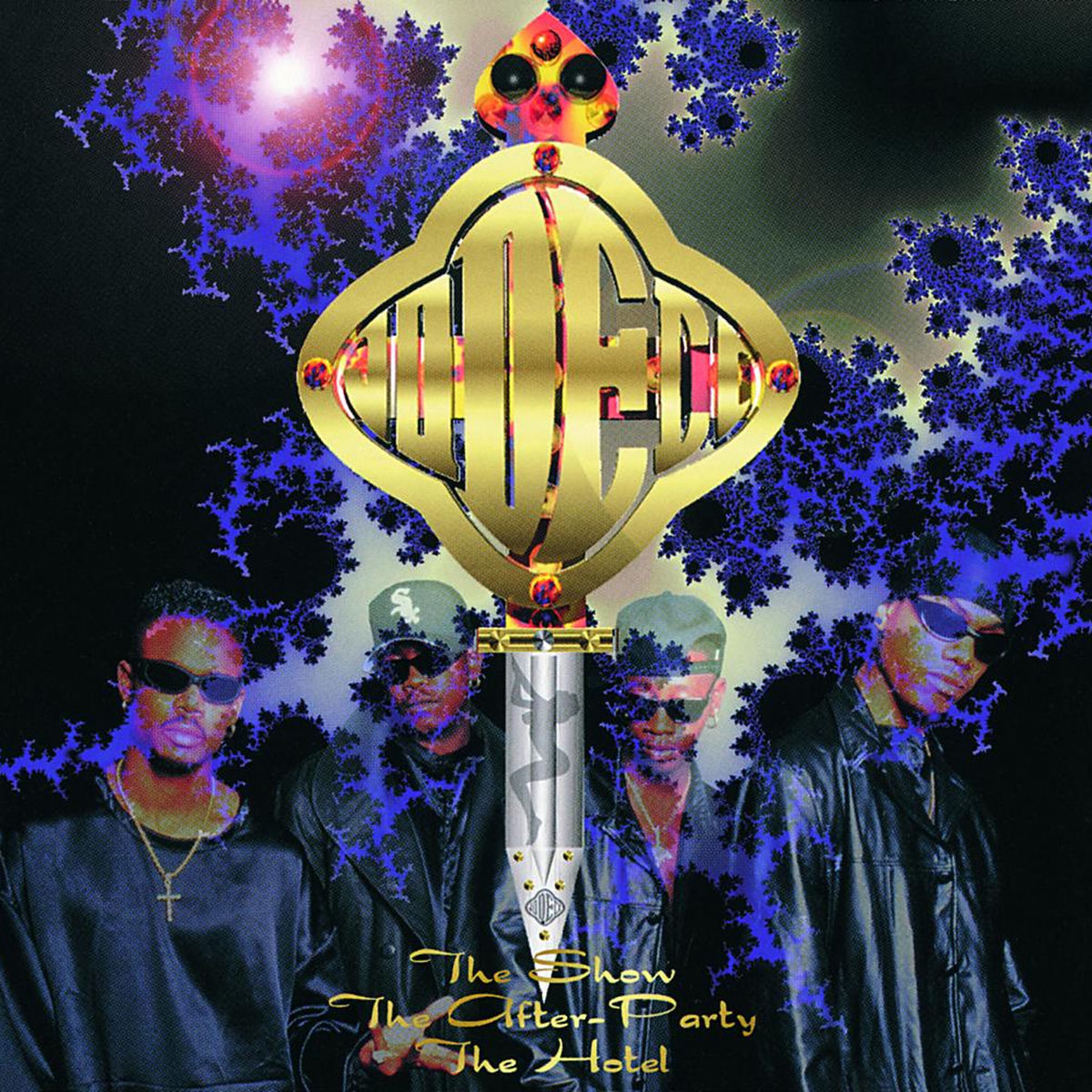 Album cover with a gold record label, abstract patterns, and silhouettes of people.