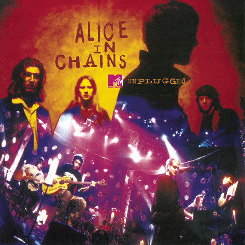 Alice in Chains MTV Unplugged album cover artwork featuring band members on stage with dramatic red, orange, yellow, and purple lighting.