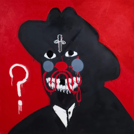 Black creature with a red tongue and white eyes on a red background