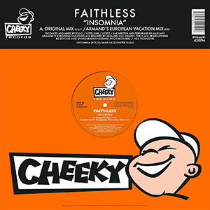 Vinyl record cover with orange background, cartoon character, and 'Cheeky' branding.