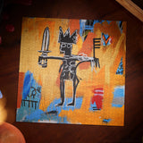 Abstract artwork with a figure holding a sword on an orange background