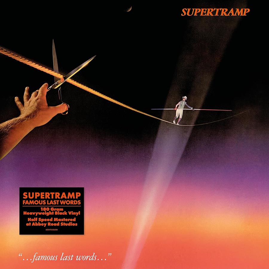 Album cover for Supertramp's 'Famous Last Words' with a hand holding scissors and a person on a tightrope.