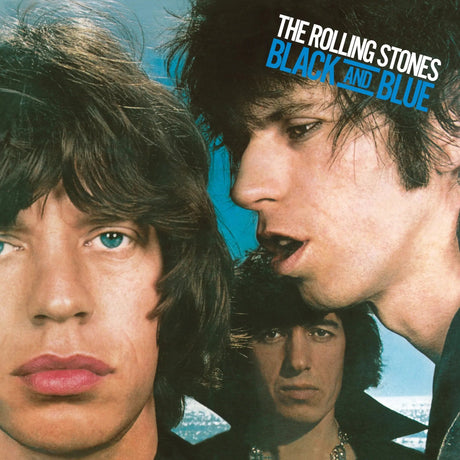 Album cover of 'Black and Blue' by The Rolling Stones featuring close-up portraits against a blue background.