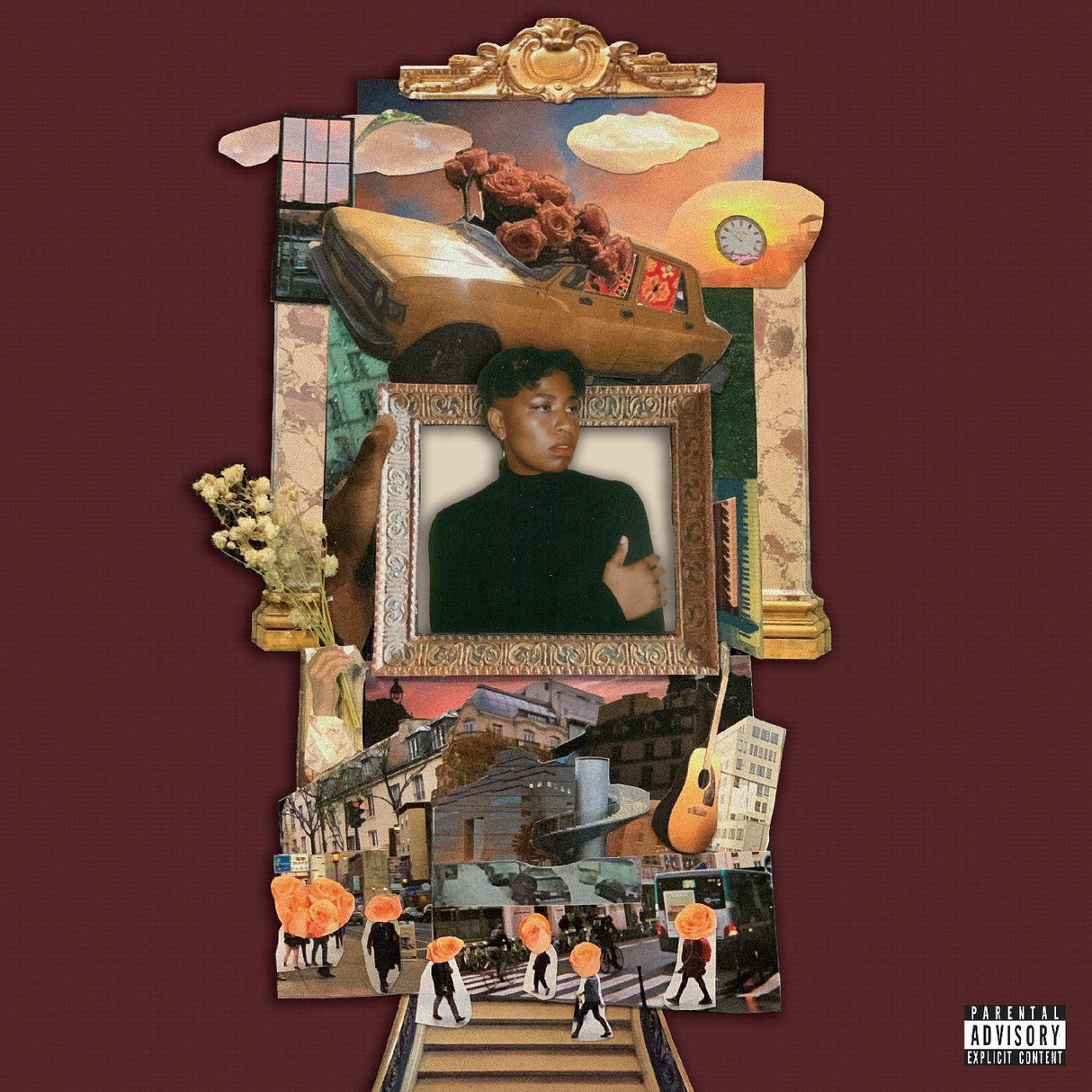 Collage album cover with various elements and a person in the center on a maroon background.