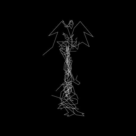 Abstract white line art of a figure on a black background