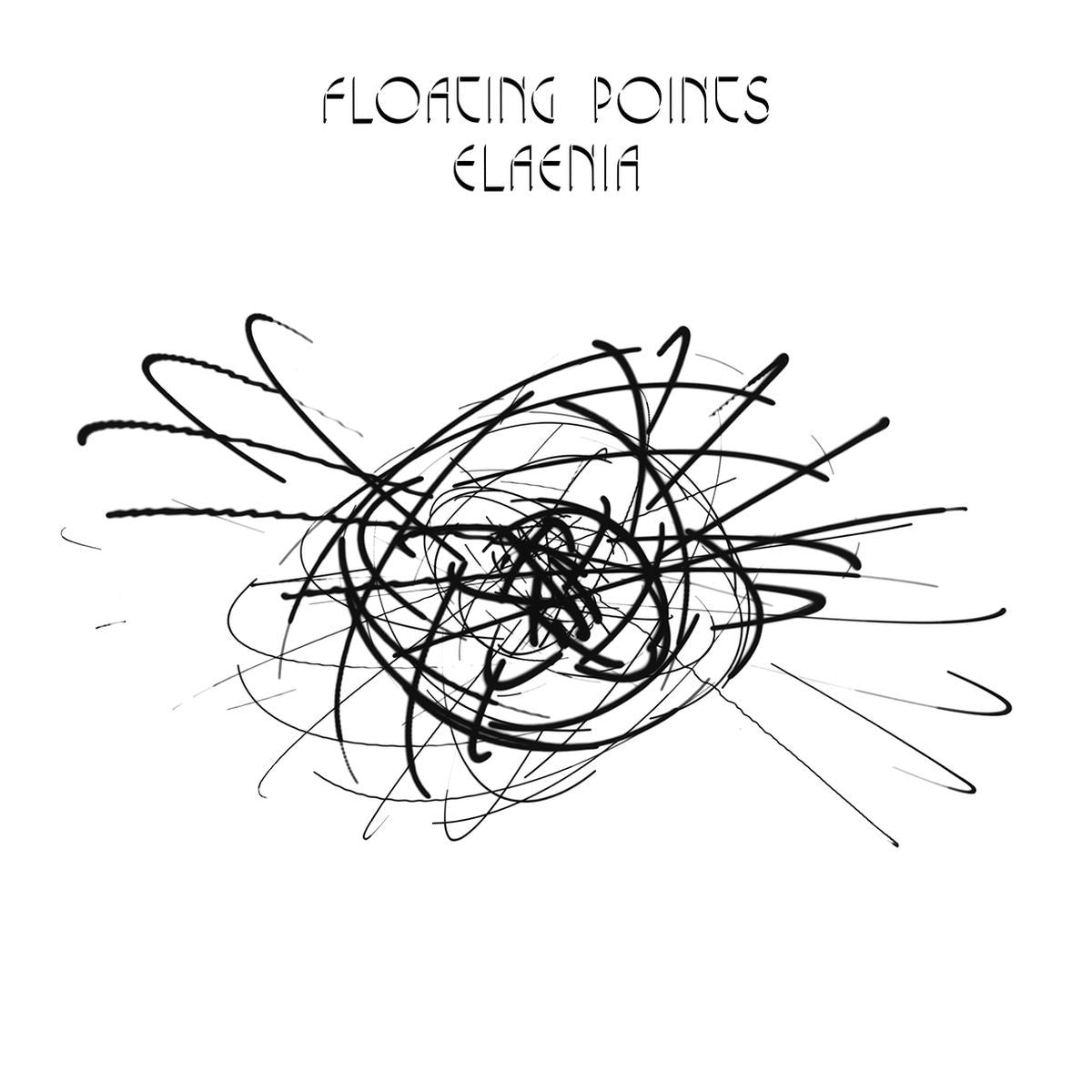 Album cover with abstract black line art and 'Floating Points Elaenia' text on a white background