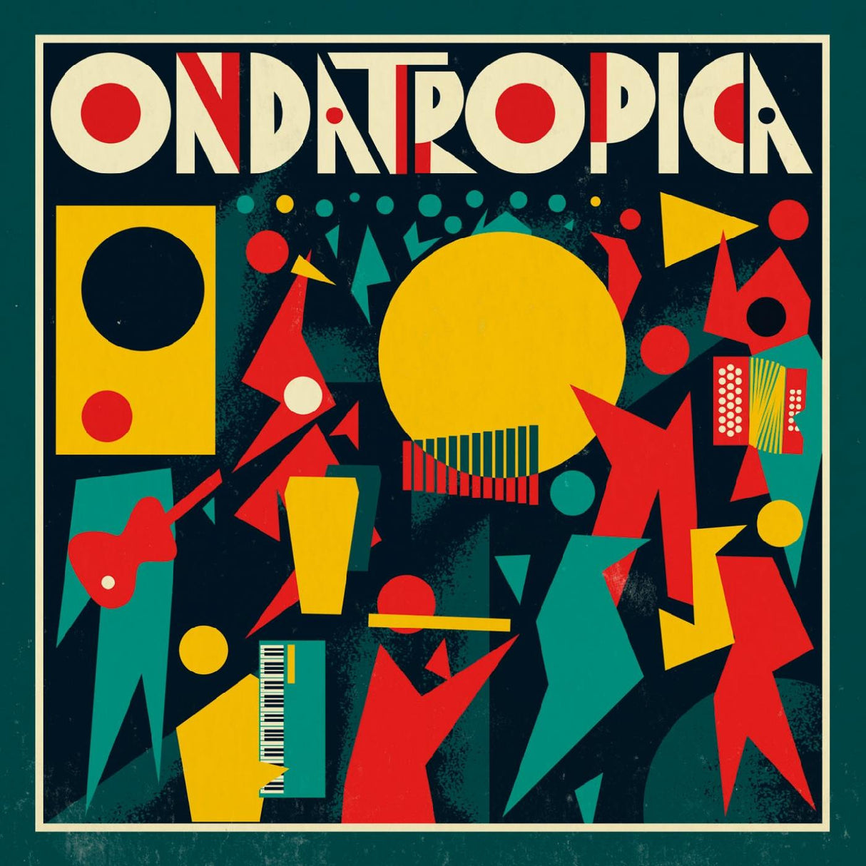 Album cover for 'Ondatropica' with abstract human figures and geometric shapes on a dark green background.