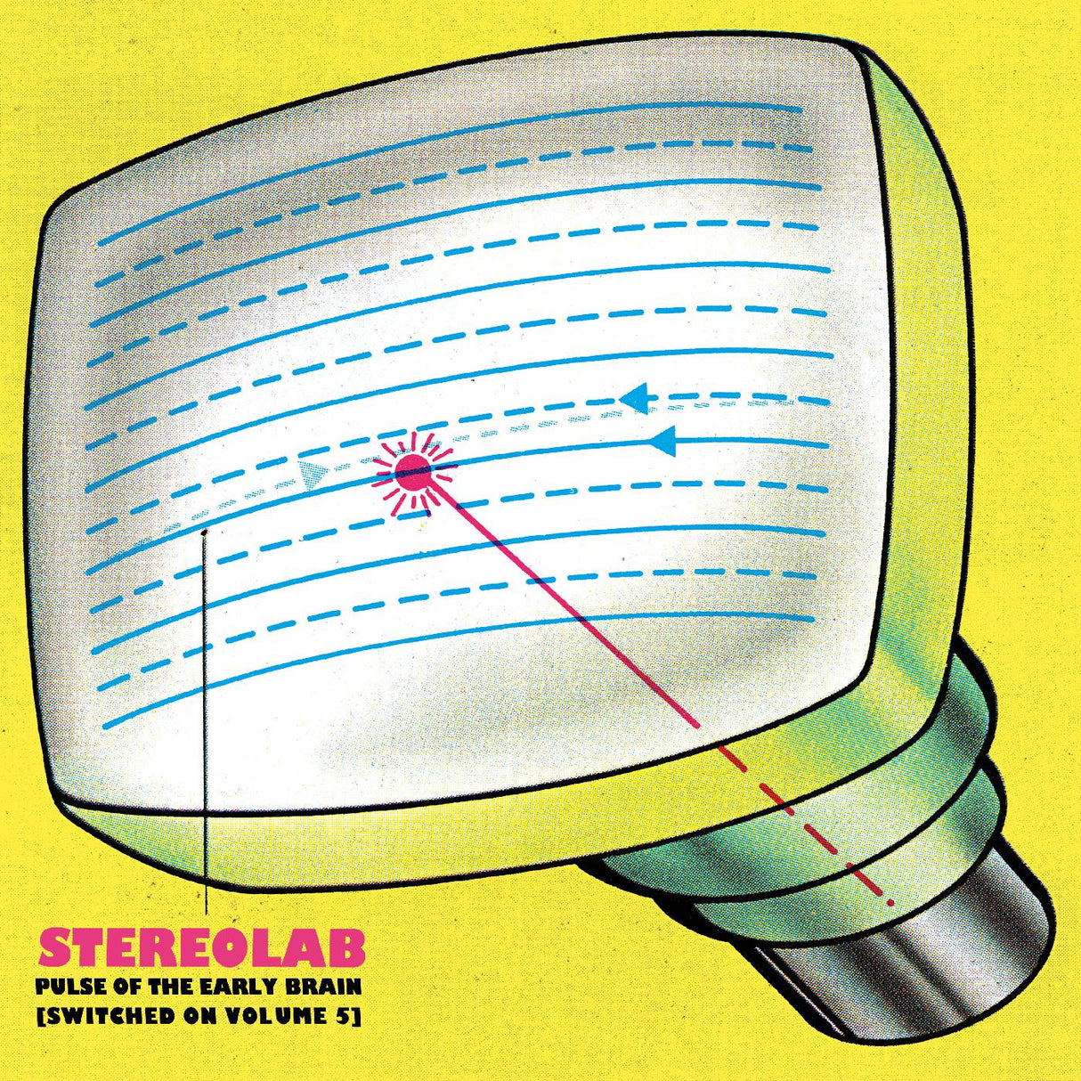 Illustration of a vintage computer monitor with blue and red lines on a yellow background, featuring the Stereolab album cover.