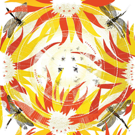 Spiral design with dragonflies and text on a white background