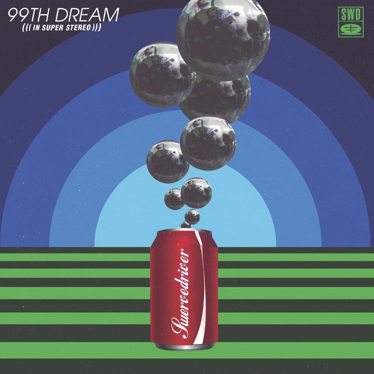 Album cover with a red can and floating spheres against a blue and green background