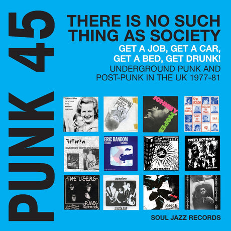 Album cover for 'Punk 45' with text and album covers of various artists on a blue background.