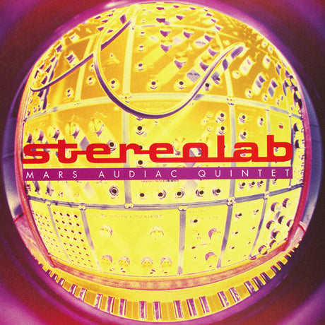 The image shows the album cover of Stereolab's Mars Audiac Quintet, featuring a stylized depiction of a soccer ball with the band's name and album title.