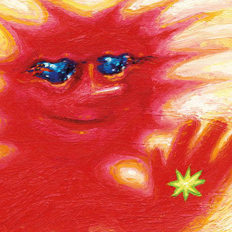 Abstract painting of a red face with blue eyes and a green star, resembling a creature.