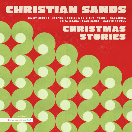 Album cover for 'Christmas Stories' by Christian Sands with green circular patterns on a red background.