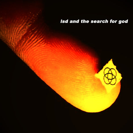 Album cover with a fingerprint design transitioning from red to yellow, with text 'lsd and the search for god' on a black background.
