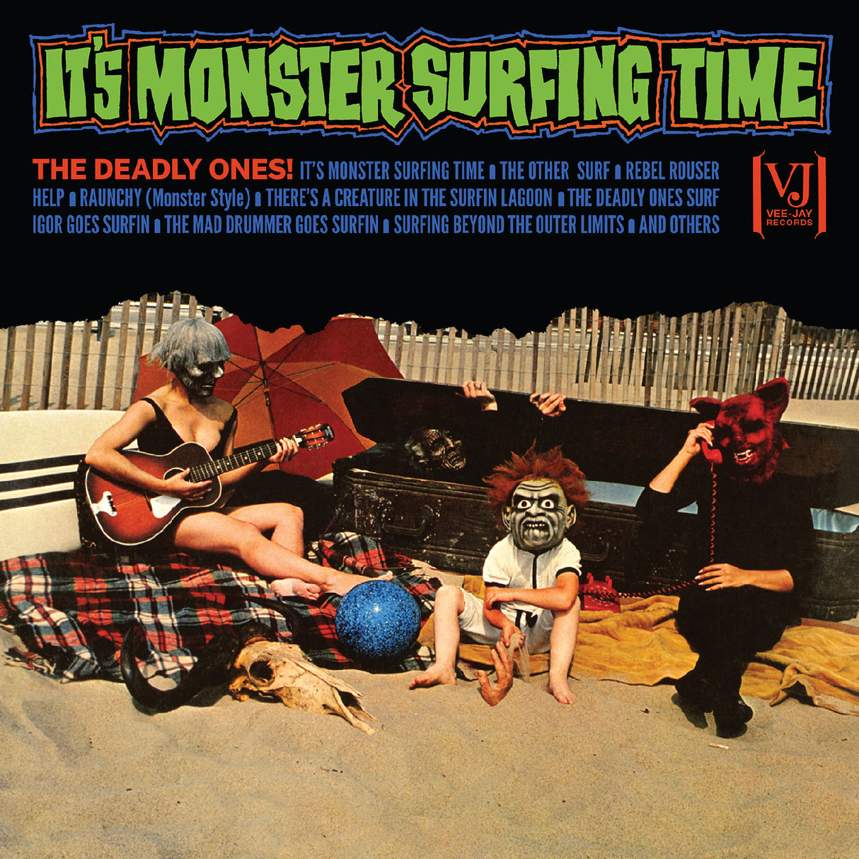 Album cover for 'It's Monster Surfing Time' featuring a band with a creature on a beach.