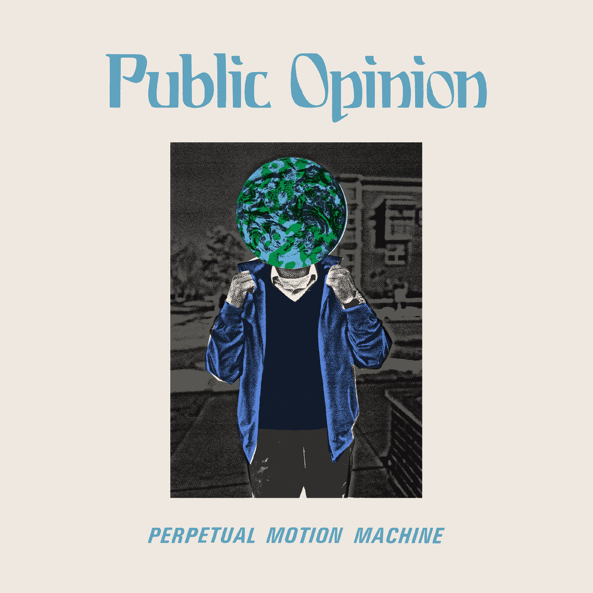 Album cover for 'Perpetual Motion Machine' by Public Opinion with a person holding a green and blue object over their face.