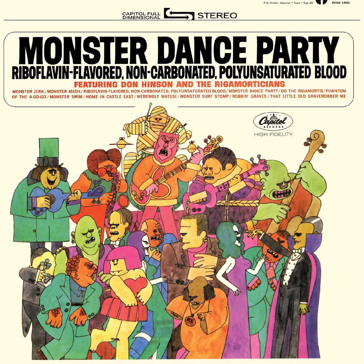 Album cover for 'Monster Dance Party' featuring cartoon monsters in a band formation.
