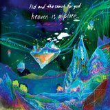 Colorful abstract artwork with floating islands and text 'Isd and the Starch for god heaven is a plare'.