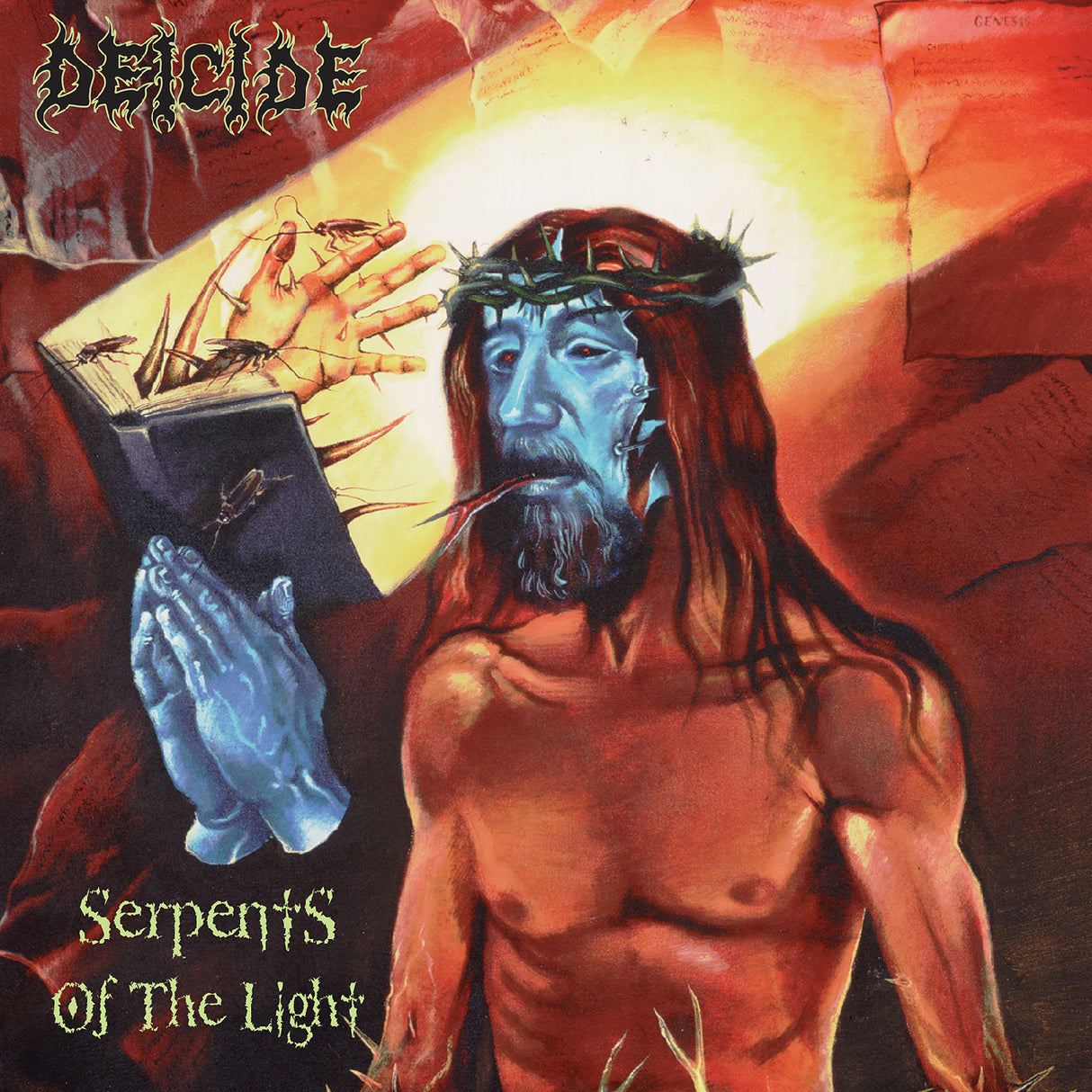 Album cover with a figure holding a book and showing hands, surrounded by text and symbols.
