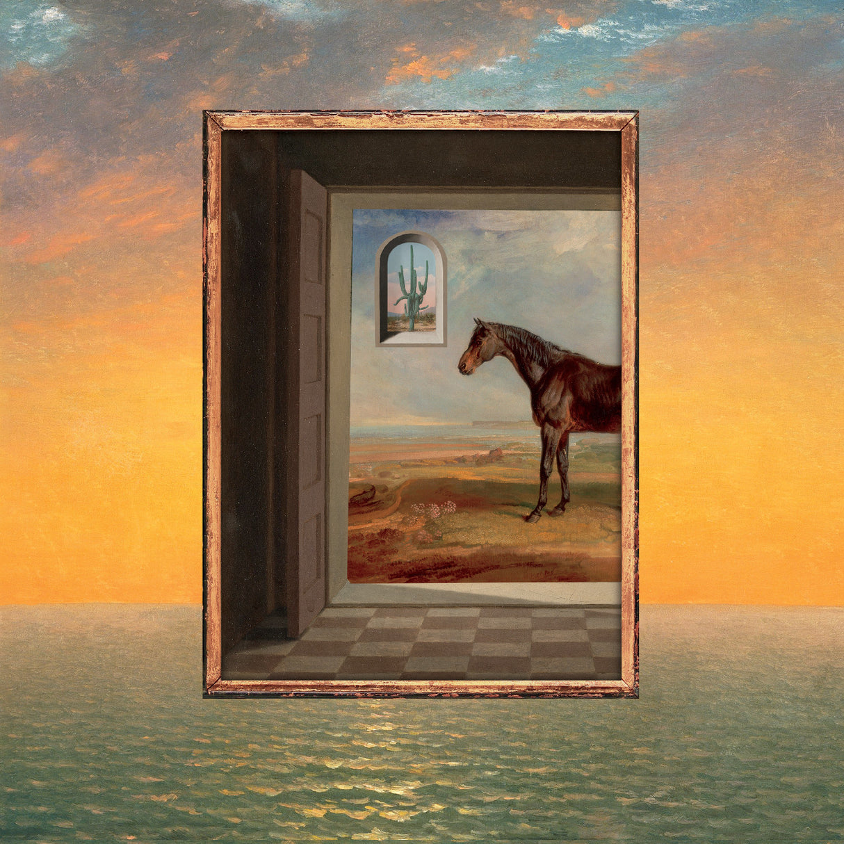 Framed painting of a horse in a landscape with a surreal background