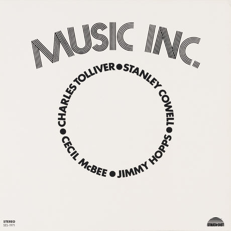 Album cover with 'Music Inc' and names in a circular arrangement on a beige background