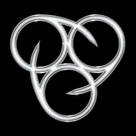 Silver Celtic knot design on a black background