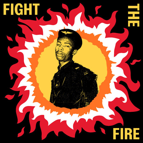 Portrait of a person with flames and 'Fight The Fire' text on a black background