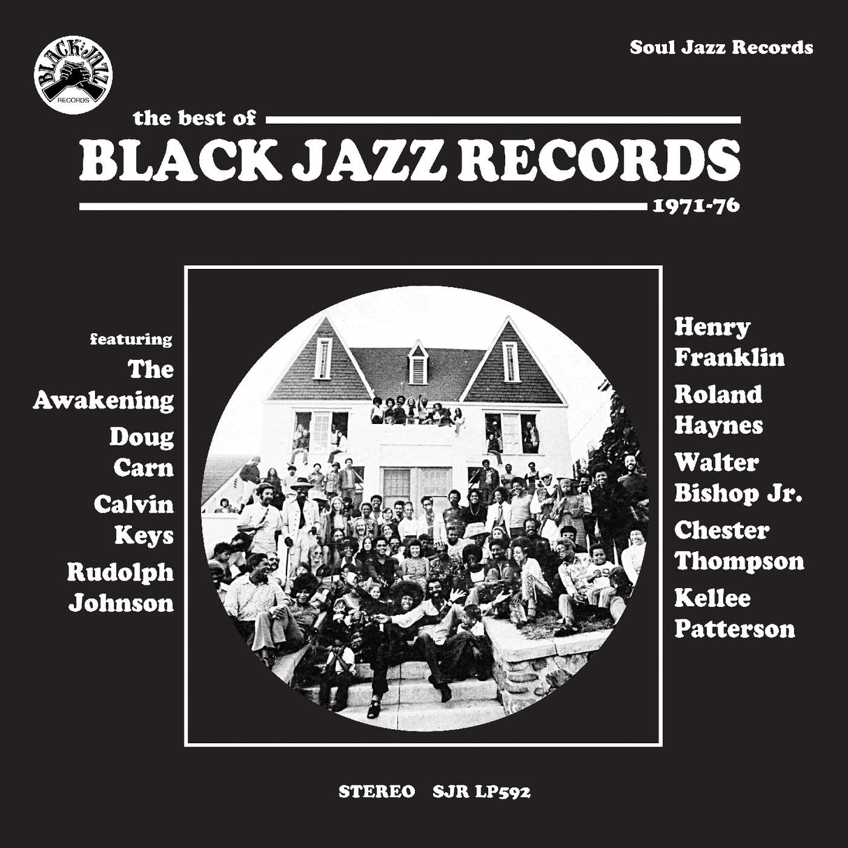 The front cover of the vinyl record 'The Best of Black Jazz Records 1971-76' by SJR Soul Jazz Records, featuring a black and white historical photograph of a large jazz ensemble in front of a house, with artist names listed on either side.