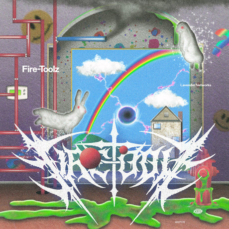 Colorful album cover with abstract elements, rainbow, and text 'Fire-Toolz' on a purple background.