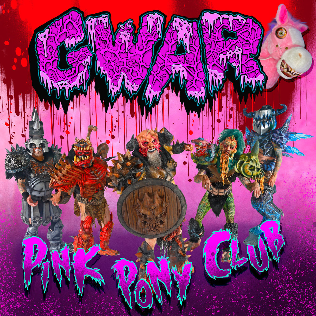 GWAR Pink Pony Club album cover with stylized text and character illustrations.