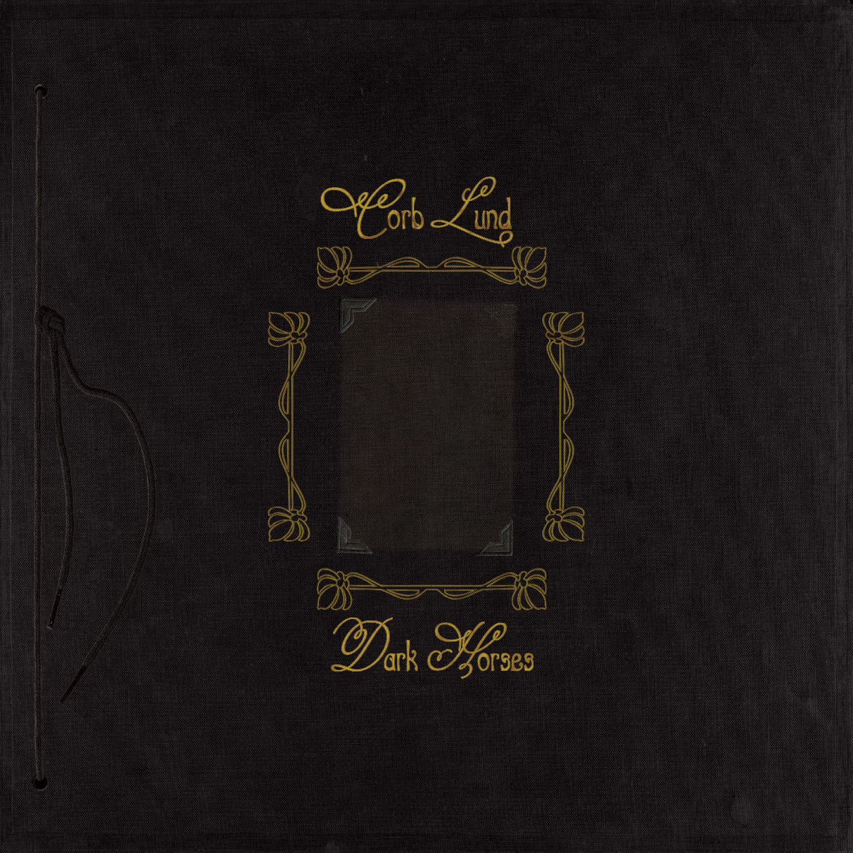 Black album cover with gold text and design elements